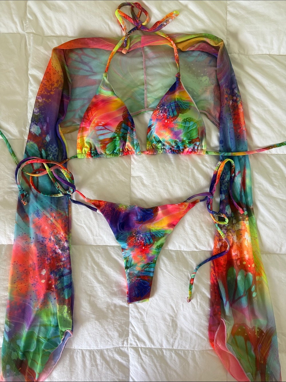 Vibrant Multicolor Butterfly Triangle Bikini Set with Sheer Top Cover Up
